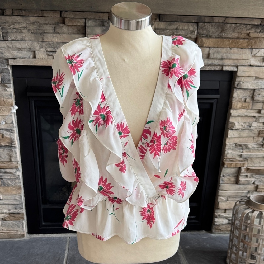 Wayf White and Pink Floral Ruffle Top